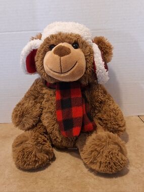 Joann Dan Dee Plush Brown Sitting Teddy Bear 9" Red Black Plaid Hat Scarf 2021